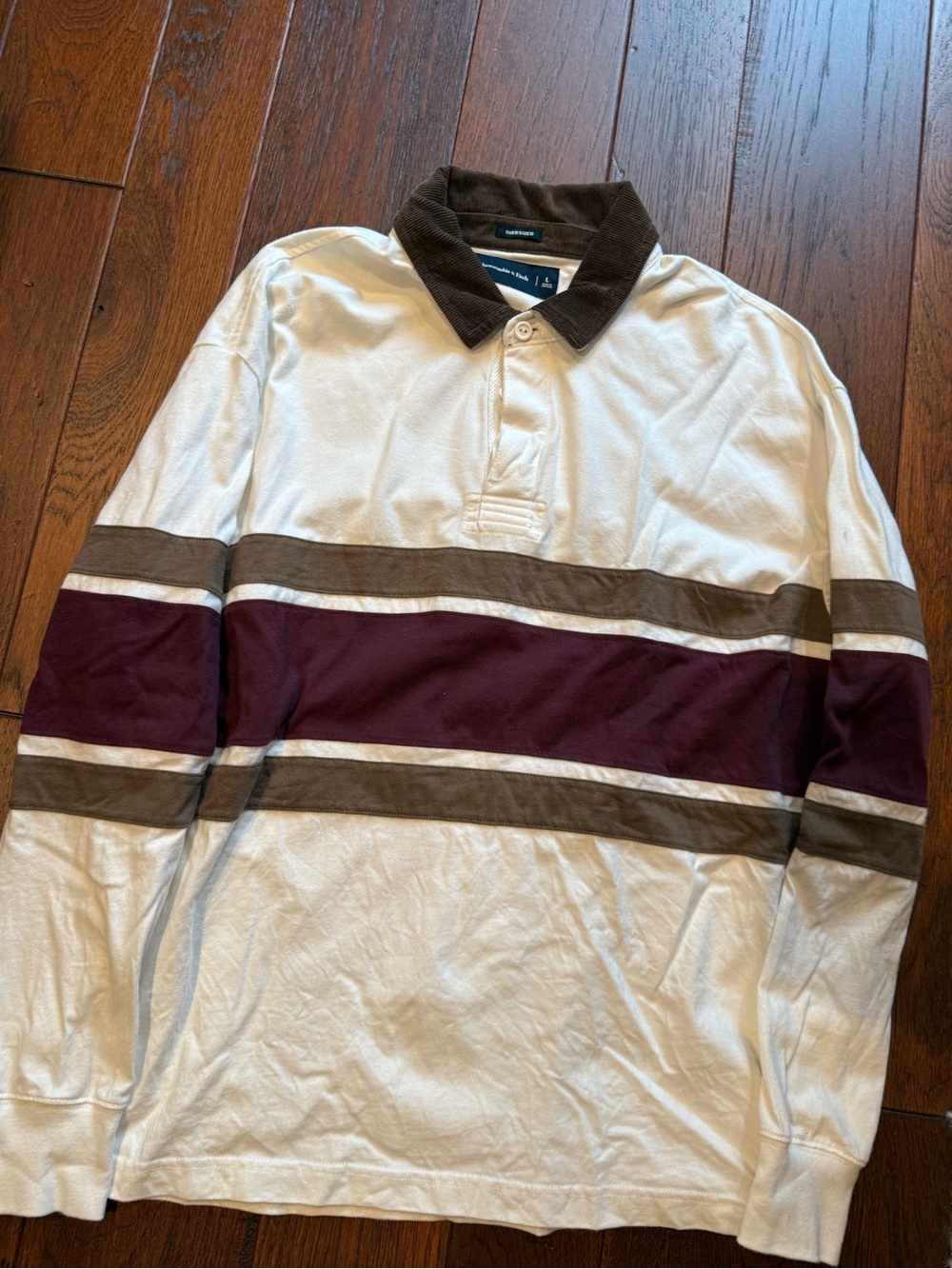 Abercrombie & Fitch Cream Rugby Polo with Brown Collar & Burgundy Stripe